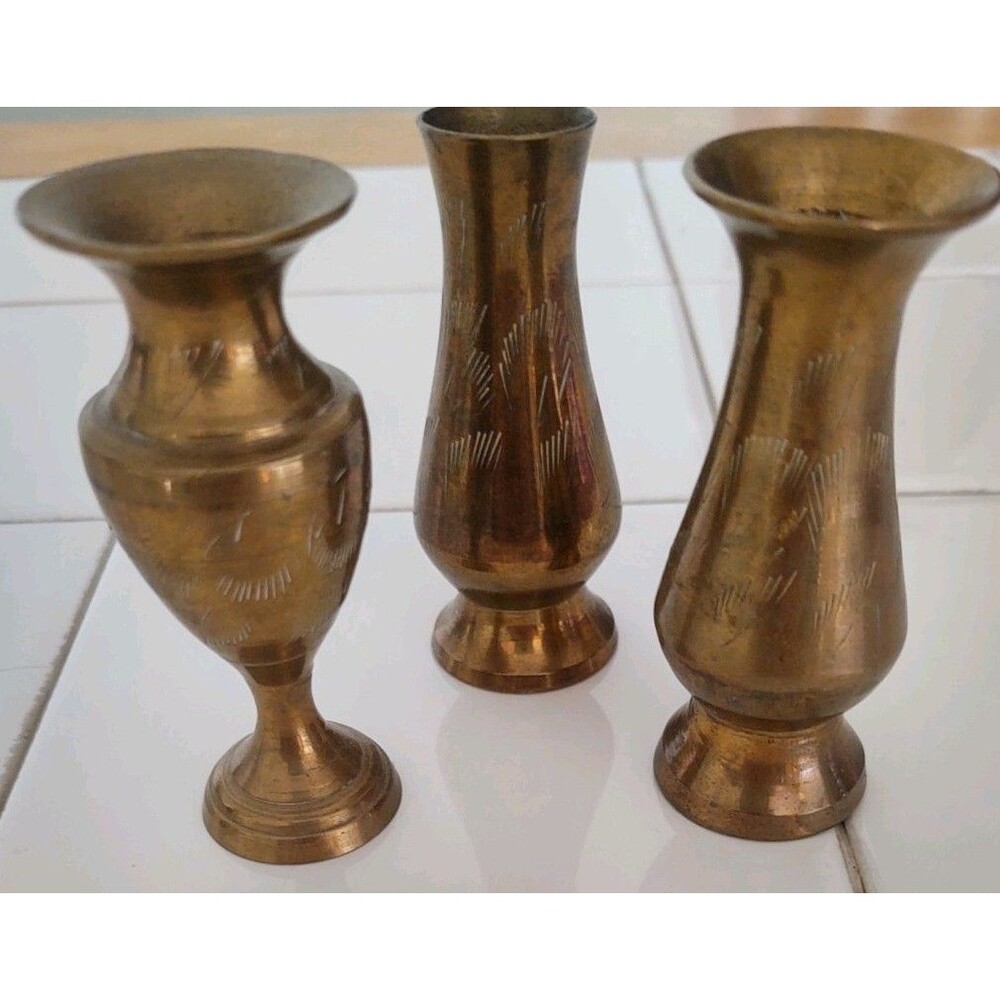 Small Brass Bud Vase Hand-Etched Vintage 3-3.5 High India Set of 3 Brass Vase